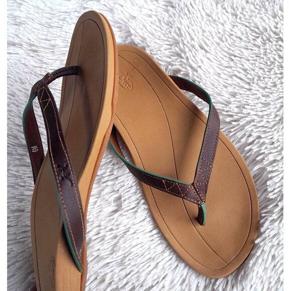 Leather Chaco Dark & Light Brown Thong Sandals Slip On Open Back Sz 6M - Picture 1 of 6